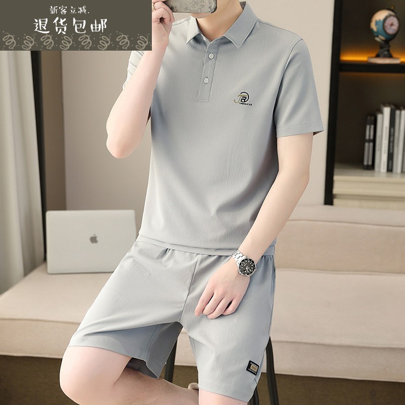 男士短袖polo衫套装潮牌男装休闲夏装加肥加大码薄款速干上衣短裤