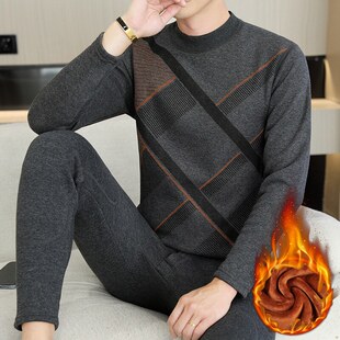 半高领款加绒加厚保暖内衣男士冬季中青年防寒棉毛衫秋衣秋裤一套