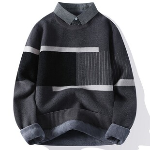 假两件毛衣男秋冬款加绒加厚线衣服撞色潮牌衬衫领男士打底针织衫