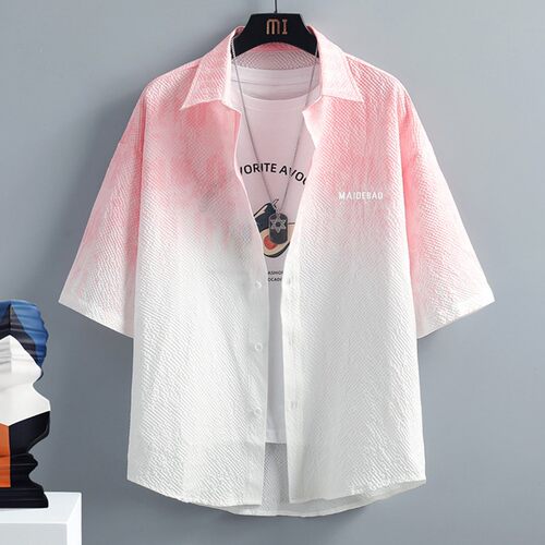泡泡纱短袖衬衫男夏季冰感薄款五分中袖衬衣潮流渐变半袖寸衫外套