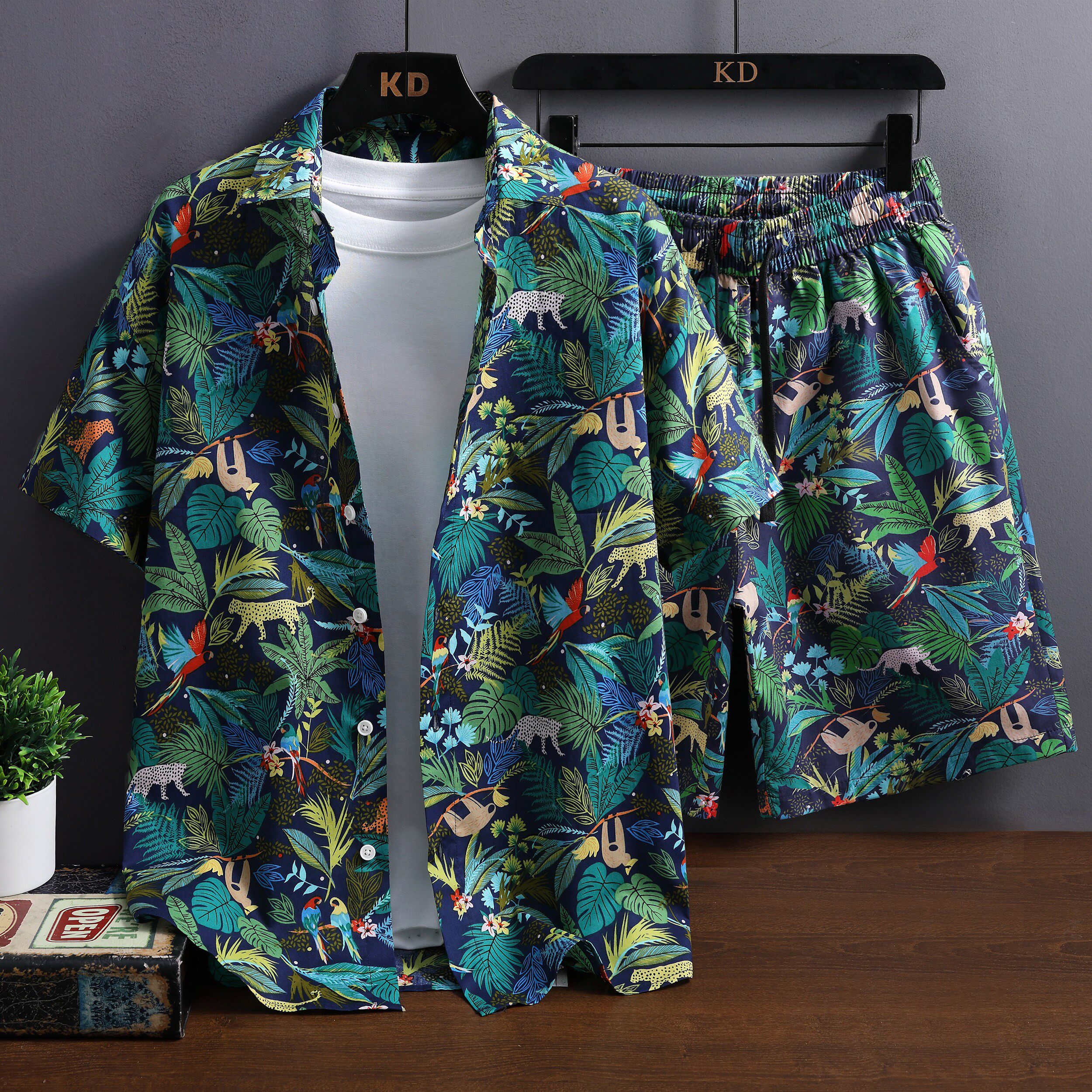 男士2026新款夏套装痞帅高级感夏薄短袖纯棉花衬衫沙滩夏威夷衬衣