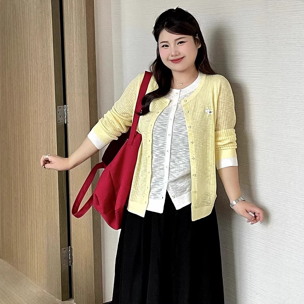 大码女装撞色假两件上衣外套2026春款胖mm休闲宽松针织开衫23957图片