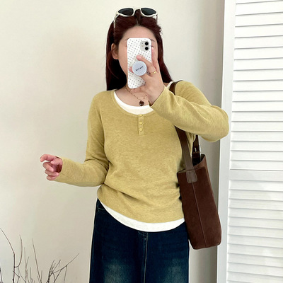 大码女装圆领撞色真两件上衣休闲百搭毛衣2025秋胖mm针织衫23139