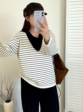 大码女装海军领毛衣女撞色条纹衫2025冬胖mm显瘦休闲针织衫23377