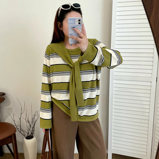 大码女装撞色条纹衫女披肩上衣2025冬款胖mm宽松休闲针织衫23618