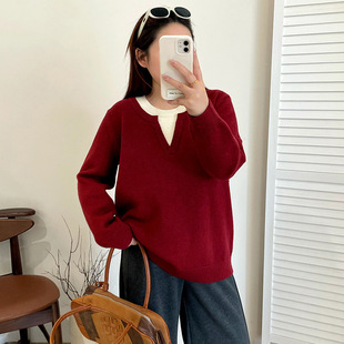 大码女装假两件休闲上衣女毛衣2025冬款胖mm宽松百搭针织衫23289