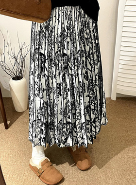 大码女装胖mm中式国风裙子2025冬款高腰百褶半身裙女针织裙22701