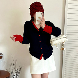 大码女装撞色v领长袖上衣女休闲开衫2025冬款胖mm宽松针织衫23651