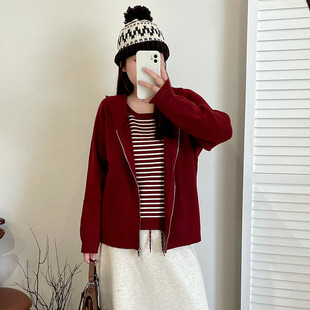 大码女装假两件休闲连帽外套2025冬款胖mm宽松针织衫女开衫23516