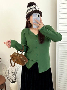大码女装百搭翻领上衣女开叉毛衣2025冬胖mm休闲打底针织衫23523