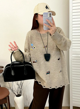 大码刺绣小狗毛衣女宽松慵懒感针织衫2025冬款胖mm休闲上衣23258
