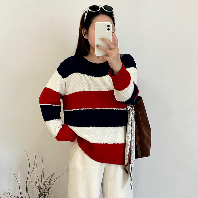 乃粒大码女装宽松慵懒感毛衣撞色上衣2025秋冬季胖mm一字领针织衫