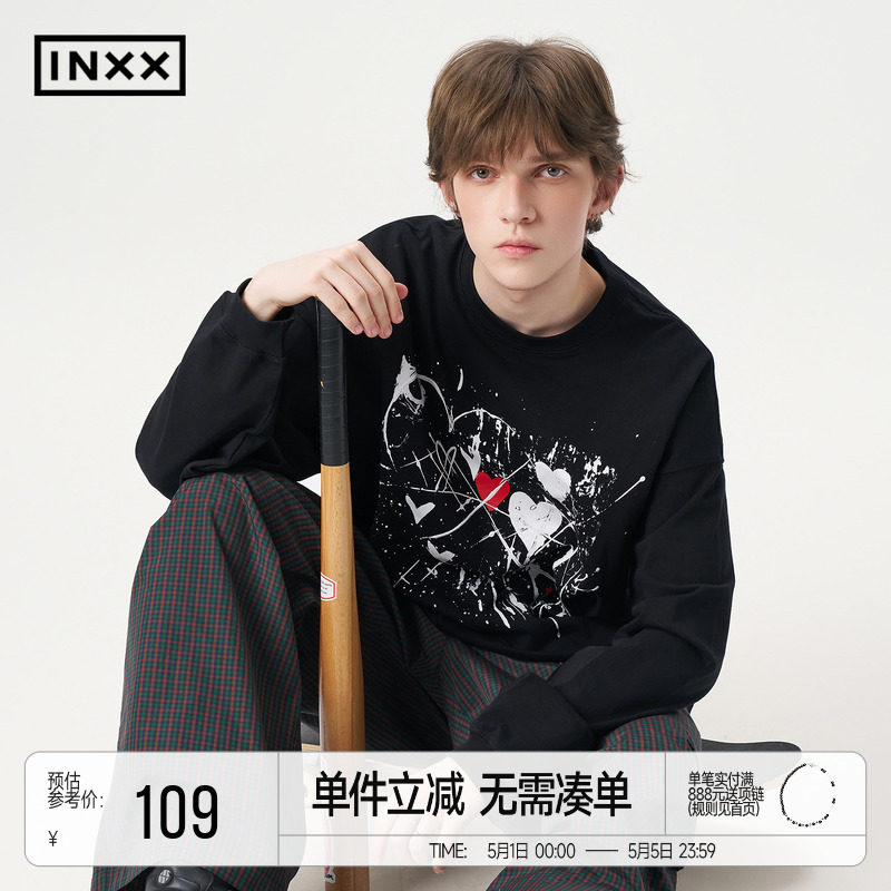 INXX美式休闲风落肩袖T恤男女同款水墨涂鸦宽松圆领上衣情侣