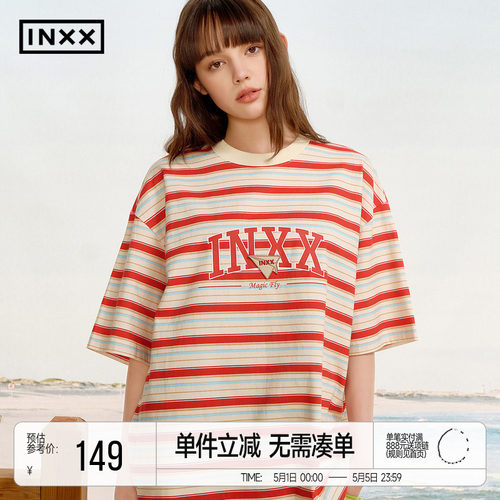 INXX明星同款 美式校园感圆领T恤男复古条纹印花短袖宽松五分袖女