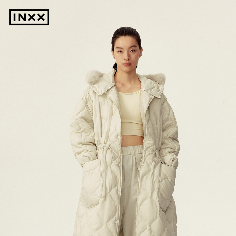 【RESIMPLE】简单点极简生活白鸭绒菱格宽松连帽长款保暖羽绒服女