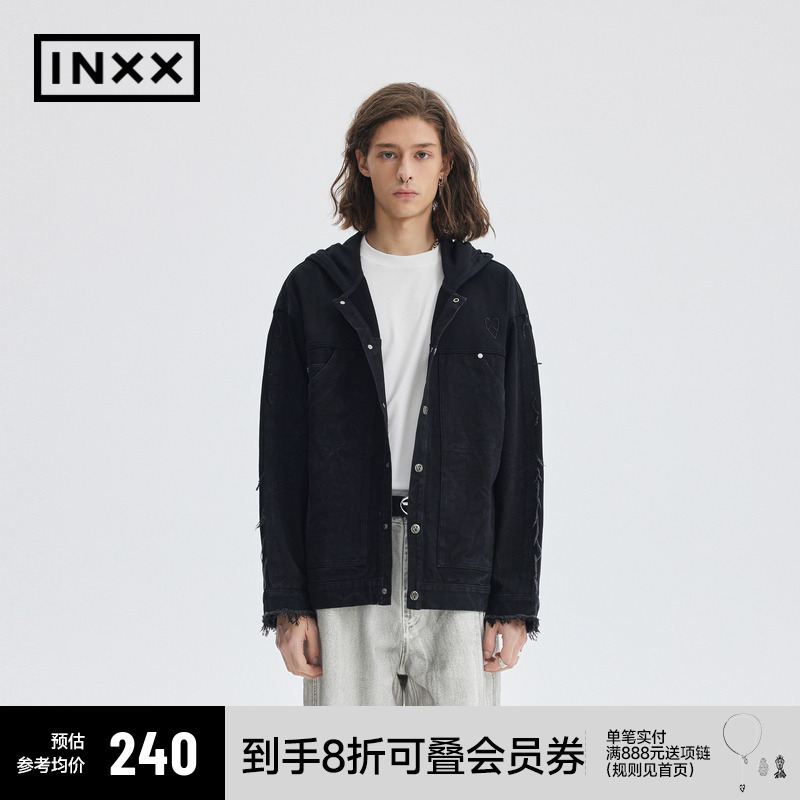 【INXX】APYD 牛仔拼接卫衣夹克外套男时尚做旧街头风连帽上衣