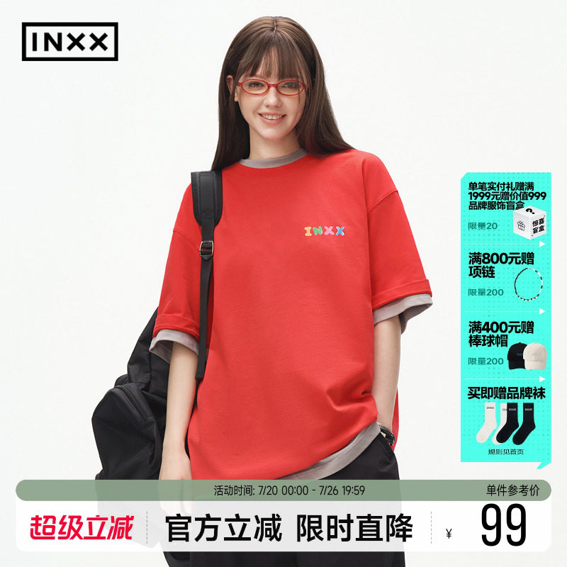 INXX彩色软糖感纯棉印花T恤女2026新款短袖简约宽松圆领男式上衣
