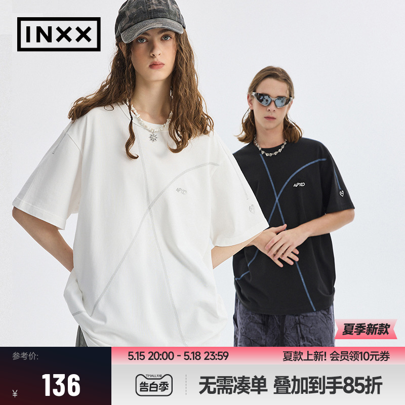 【INXX】APYD 小众设计感圆领短袖T恤男不规则撞色线上衣情侣装 男装 T恤 原图主图