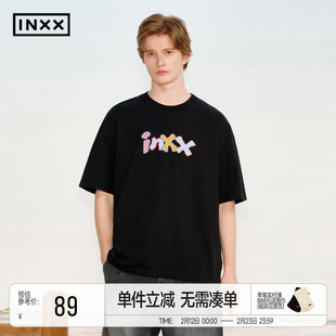 王星越同款 INXX趣味拼接花形logo短袖T恤男立体撞色五分袖上衣女