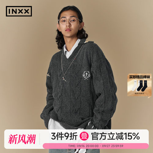 INXX复古学院风徽章刺绣V领毛衫美式休闲宽松情侣款针织衫