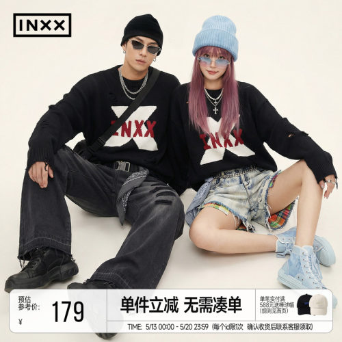 INXX潮牌手绘字母图案针织衫破洞设计圆领套头毛衣新年红色情侣款