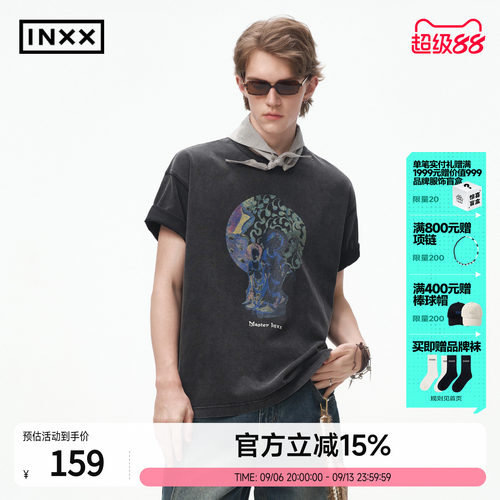 INXXMASTER 250g重磅潮牌短袖T恤男做旧复古水洗上衣女情侣装