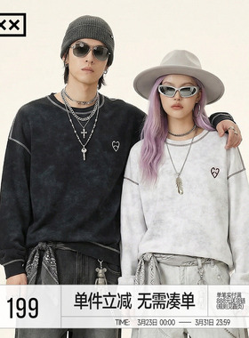 INXXAPYD 美式废土风长袖T恤男情侣装设计感套头衫春秋上衣女