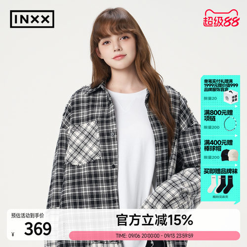 明星同款 INXX美式宽松保暖不对称格纹拼接刺绣夹棉外套男女同款