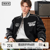 INXXStandby 美式 学院风棒球服男设计感毛呢拼PU皮夹克外套女