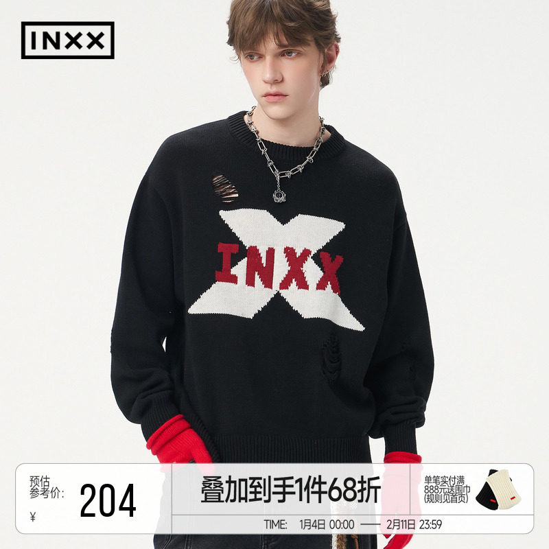 INXX潮牌手绘字母图案针织衫男破洞设计圆领套头毛衣女情侣