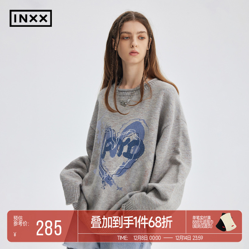 INXXAPYD 简约基础款圆领毛衣男爱心logo休闲套头针织衫女