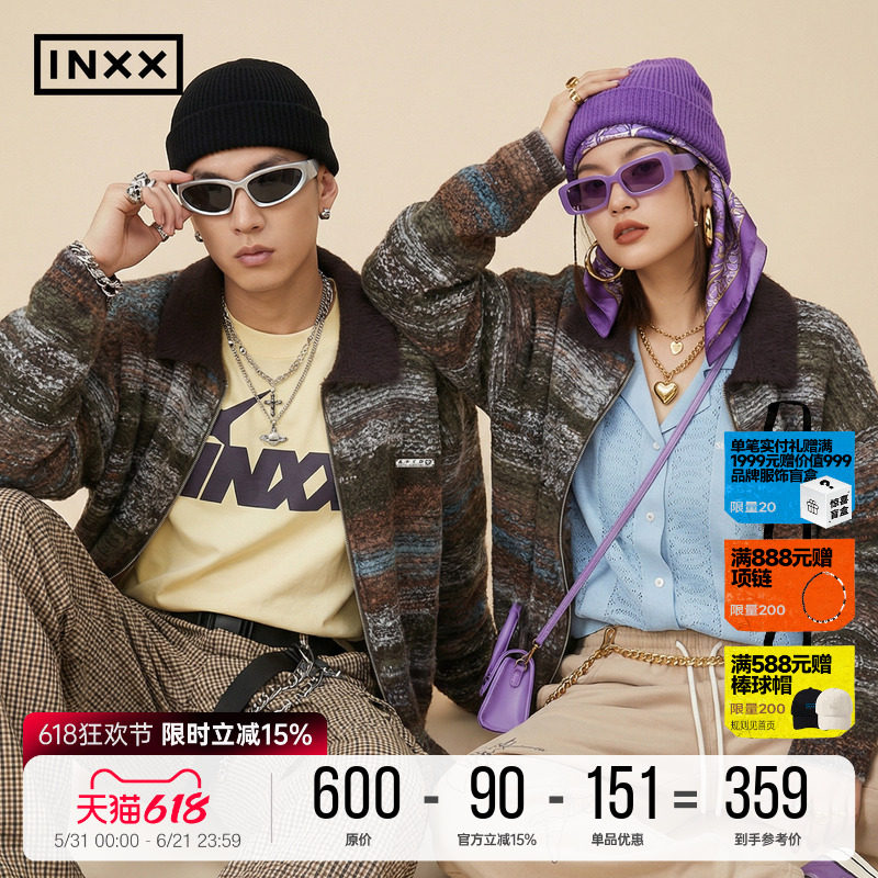 INXX明星同款复古仿貂毛混织针织衫男女美拉德翻领开衫毛衣