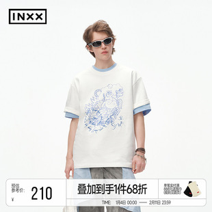 INXXMASTER 250g重磅潮牌短袖T恤男伏羲女娲主题印花上衣女