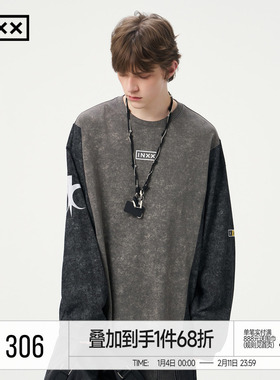 INXX撞色拼接长袖T恤男女同款复古层次感印花圆领上衣打底衫