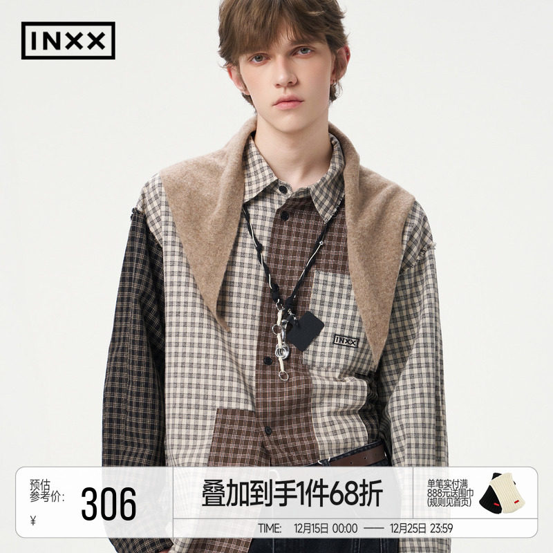 明星同款 INXX复古格纹拼接衬衫男女同款字母宽松长袖衬衣