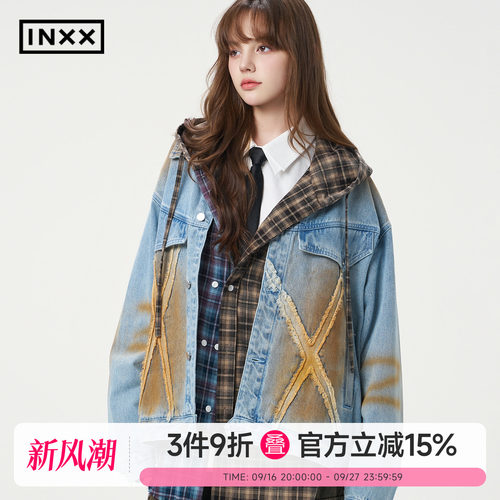 明星同款 INXX机车街头感喷染牛仔外套潮牌美式做旧宽松夹克男女