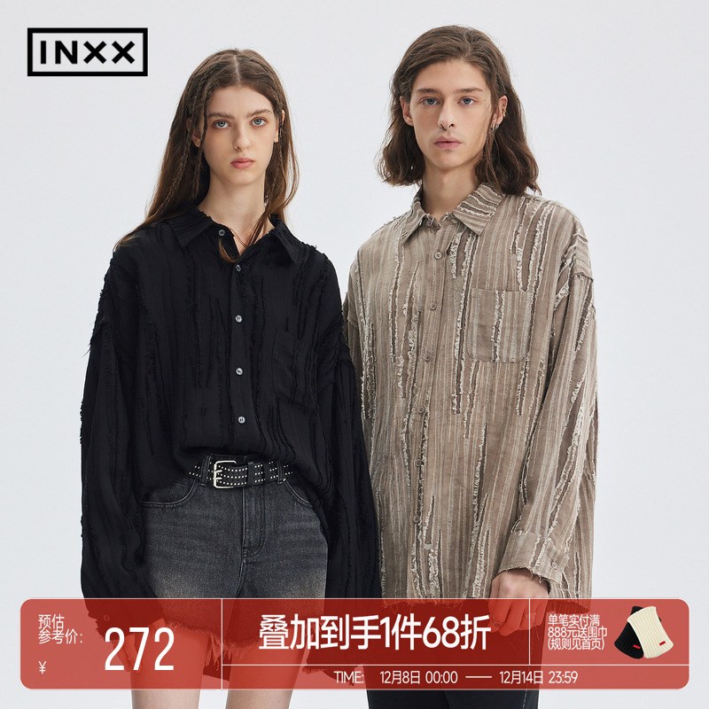 INXXAPYD 立体复古毛边衬衣男宽松休闲翻领衬衫上衣情侣装