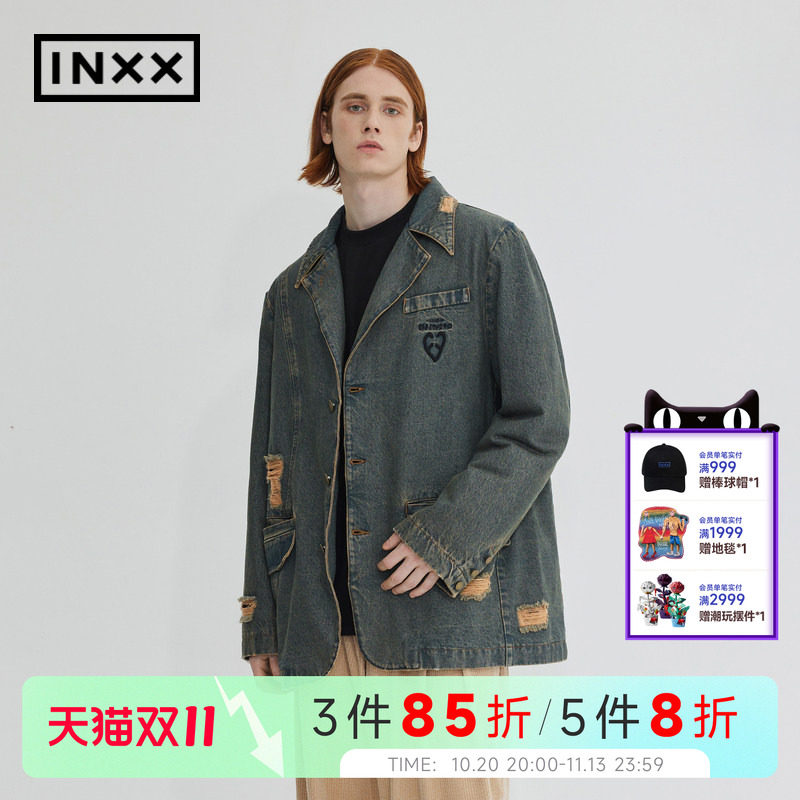 【INXX】 ALLPICK 复古做旧洗水牛仔西装外套男破洞时尚