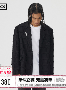INXXAPYD 复古格纹西装外套男女同款黑色毛边提花休闲西服