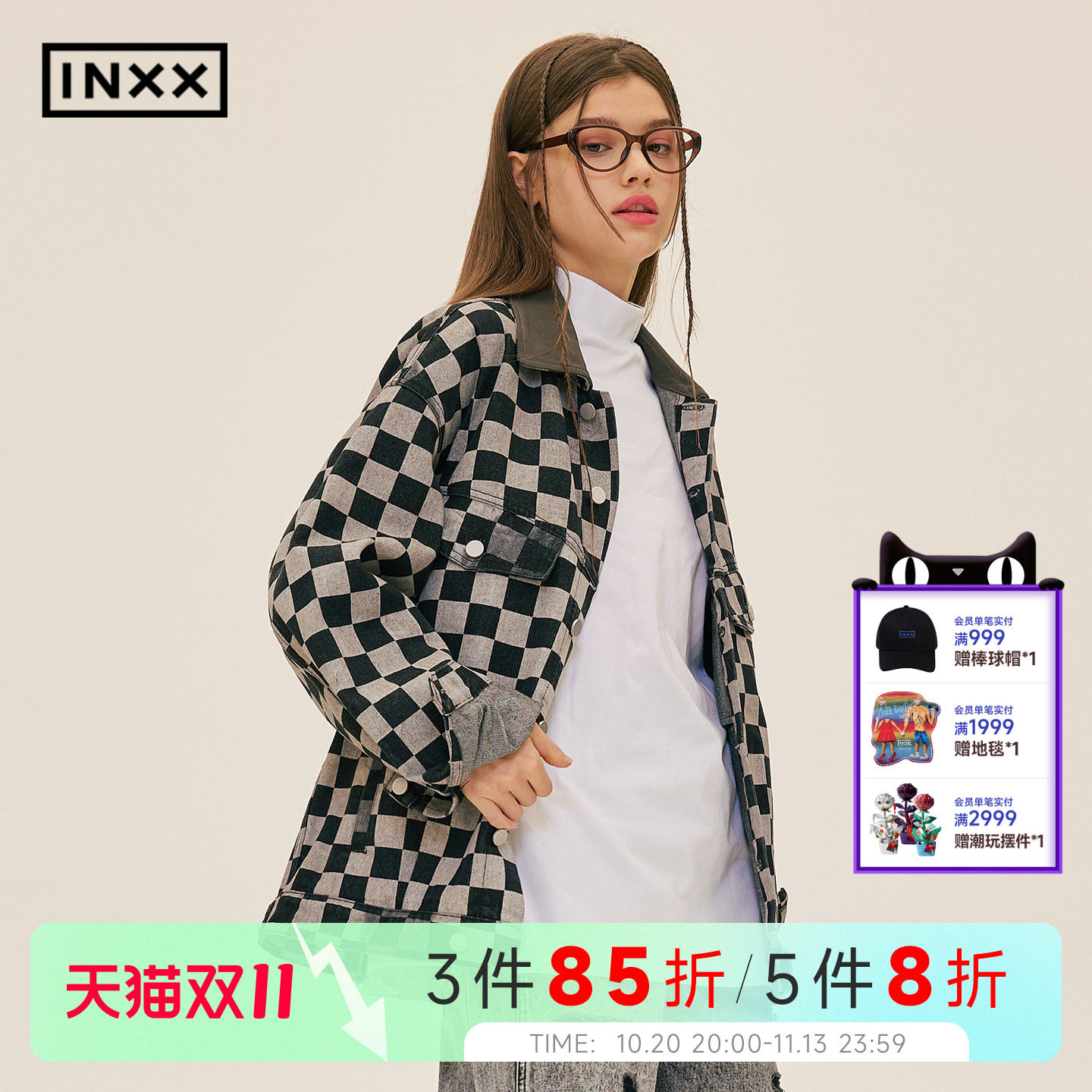 INXXStandby 棋盘格高街牛仔夹克男复古宽松翻领外套上衣女潮