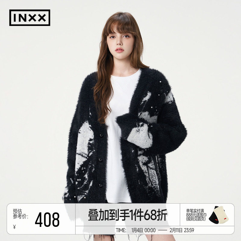 INXX仿貂毛时尚针织衫男女同款水墨爱心提花宽松V领毛衣开衫