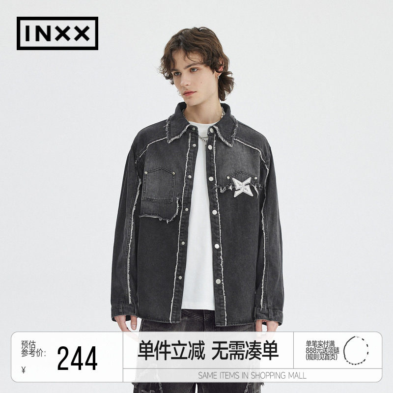 INXXStandby 美式做旧牛仔衬衫外套男设计感毛边拼接宽松衬衣