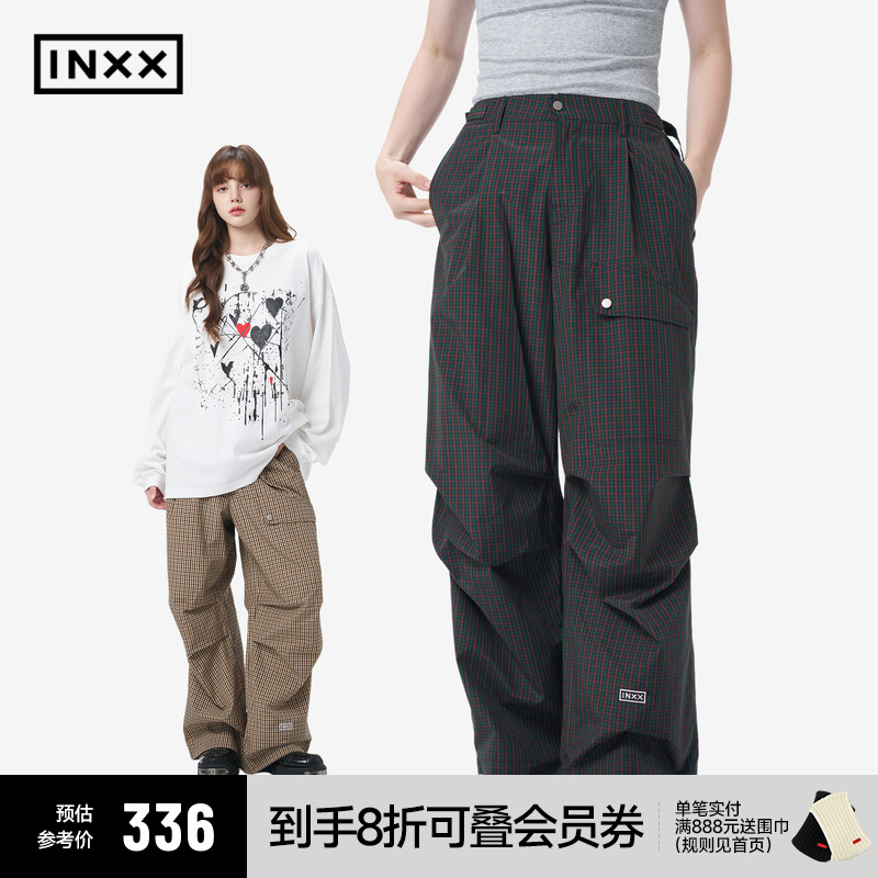 INXX工装风格纹休闲裤男女同款格子裤子字母撞色绣花宽松长裤