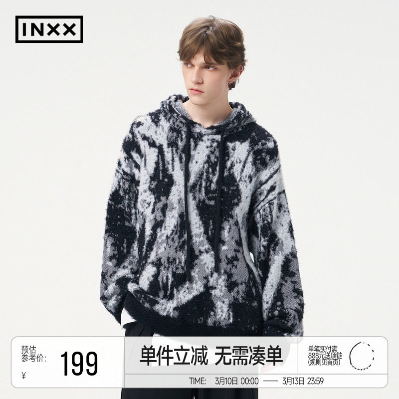 INXX街头风仿貂毛针织衫男渐变水墨慵懒宽松连帽套头毛衣女