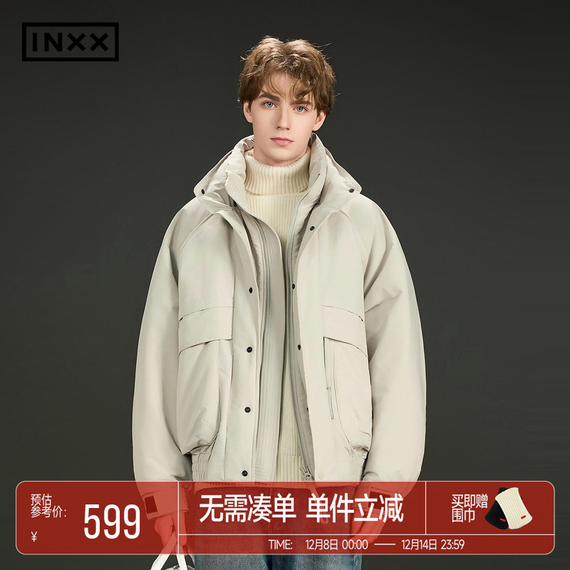 INXX户外休闲工装感假两件鸭绒羽绒服宽松大口袋外套男女同款
