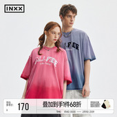 INXXAPYD 上衣 破坏贴布绣复古五分袖 渐变洗褪短袖 T恤男女同款