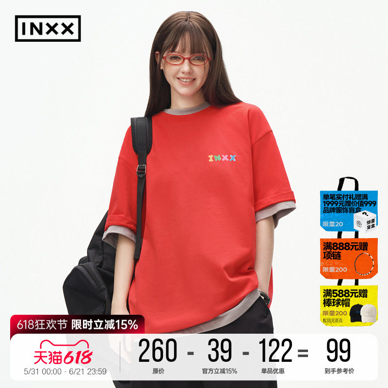INXX彩色软糖感纯棉印花T恤女2026新款短袖简约宽松圆领男式上衣