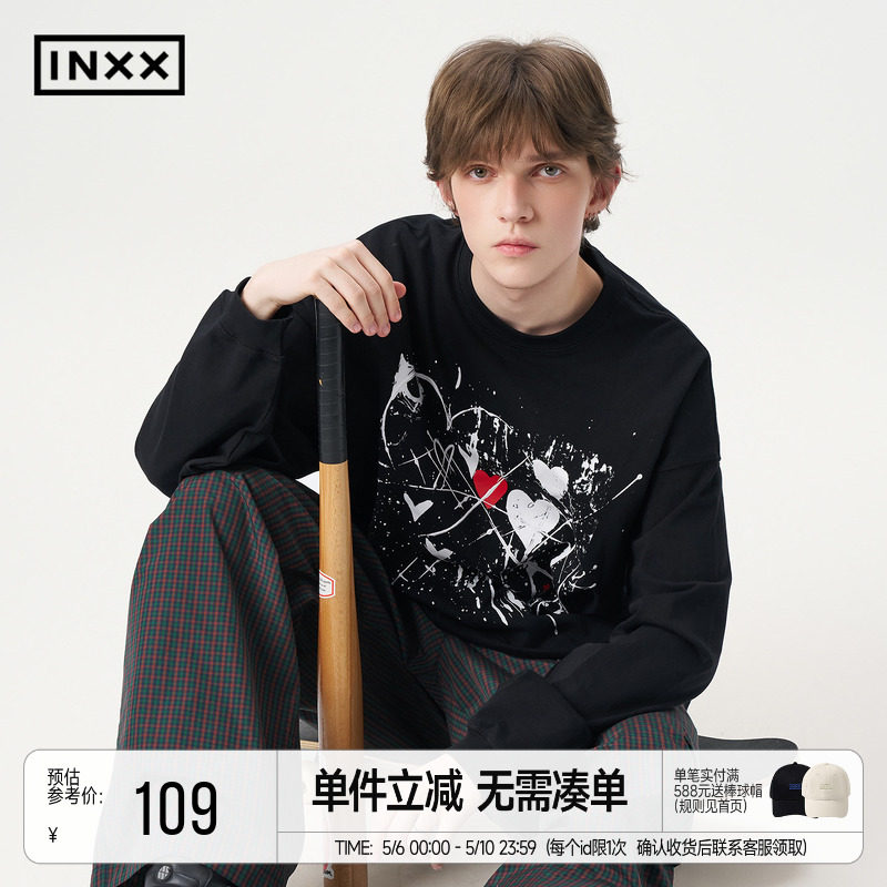 INXX美式休闲风落肩袖T恤男女同款水墨涂鸦宽松圆领上衣情侣