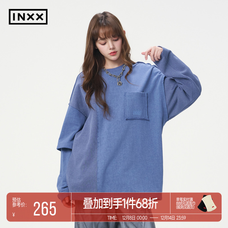 INXX假两件圆领卫衣女蜡染仿水洗不对称长袖上衣男oversize
