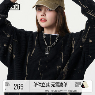 INXX街头感复古刷金针织衫 下摆破洞慵懒潮流风毛衣男女同款